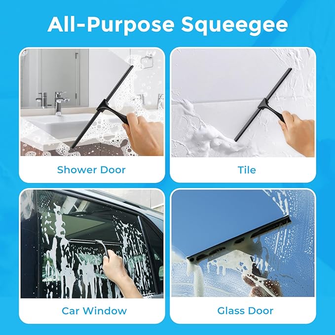 Quntis 10-Inch Matte Black Shower Squeegee for Glass Doors – Stainless Steel with Non-Slip Handle, Replacement Blade & Hook – Ideal for Bathroom, Mirrors, Tiles, and Car Windows