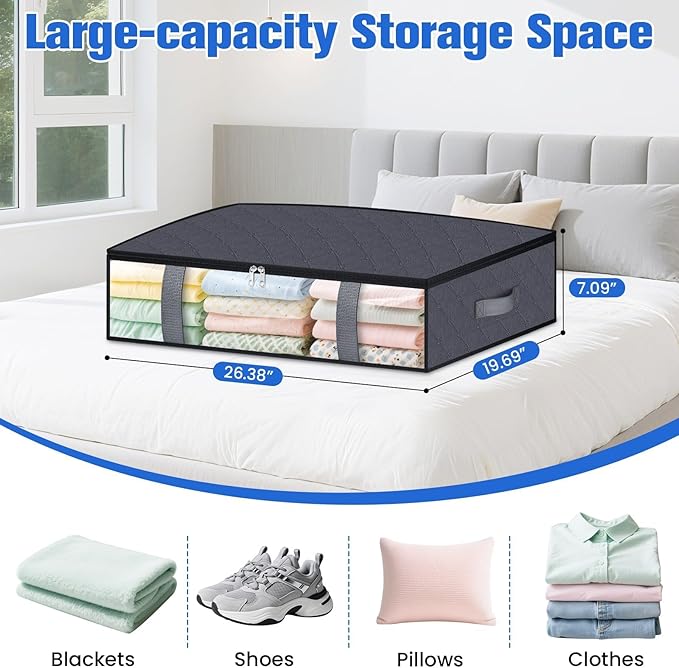 TasticTotes Under Bed Storage Containers, 8 Pack Blanket Storage Bags, Collapsible Storage Bags with Big Zippers, Clear Front, Shoe Storage and Organization for Clothes, Comforter, 60L, Grey