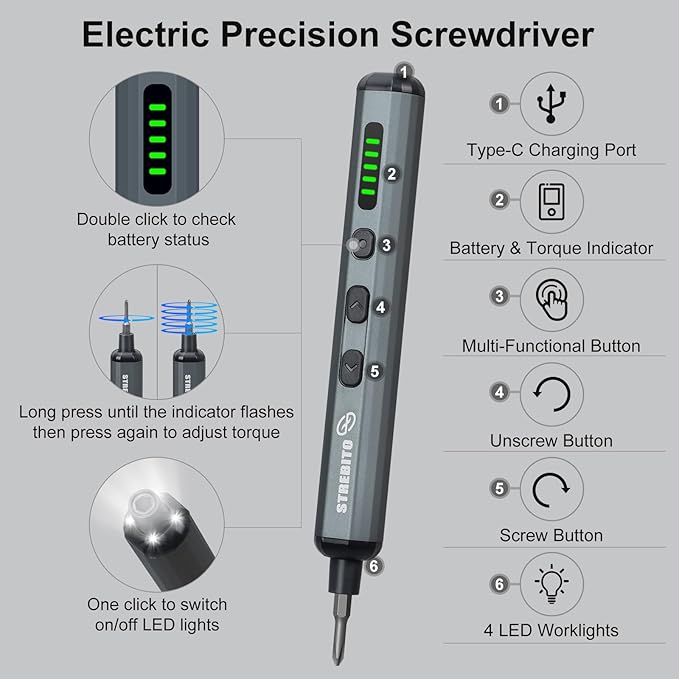 STREBITO Mini Electric Screwdriver Set, 70 in 1 Small Electric Screwdriver - 64 S2 Preicison Bits, 5 Torque Settings, 4 LED Lights, Mini Power Screwdriver Repair Tool Kit for PC Electronic (Standard)