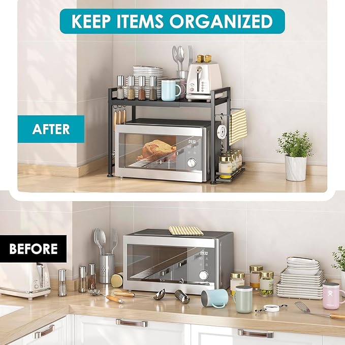 DOLALIKE Microwave Oven Rack, Expandable Microwave Stand Kitchen Countertop Organizer Utensils Storage, Carbon Steel Over Microwave Shelf with 3 Hooks (Black, 2 Tier- With Storage)