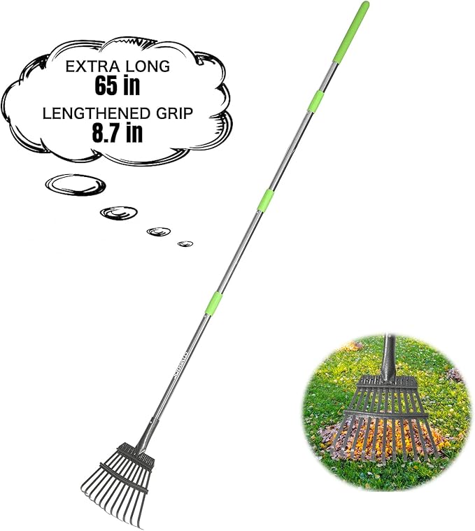 Joyhalo Small Rakes for Leaves, 8.5 Inch Wide Head Leaf Rake with 11 Tines, Metal Garden Rakes with Adjustable Handle from 38.5 to 65 Inch for Gardening, Clippings, Gathering Leaves, Weeds, Debris