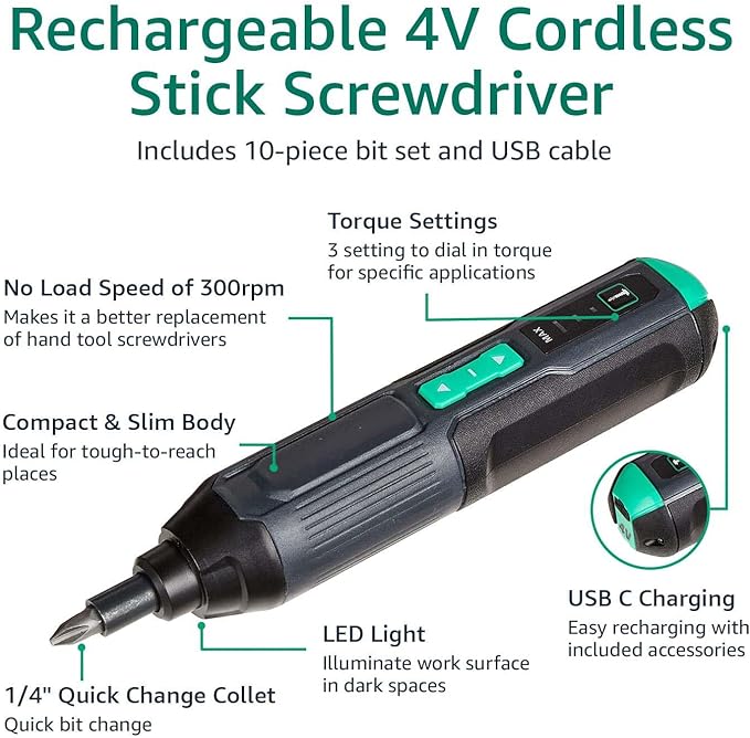 Amazon Basics by SKIL 4V Cordless Stick Screwdriver with 10-Piece Bit Set, USB Cable, LED Light, 3 Torque Settings