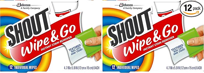 Shout Wipe & Go Instant Stain Remover Wipes, No Wash Required, Safe on Colorfast Washables, Travel & Baby Diaper Bag Essentials, Removes Grass, Coffee, Makeup & More, 12 Wipes (Pack of 12)