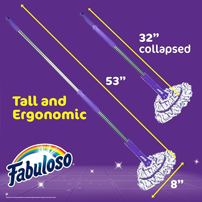 Fabuloso Twist Mop, Self Wringing Floor Mop with Non Scratch Scrubber and Removable Washable Head for Hardwood, Tile, Vinyl and Laminate Floors Cleaning System, 53 Inch Tall