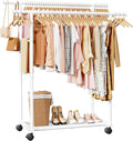 Sakugi Metal Clothes Rack - Double Rod Clothing Rack with Fixed Design and Rolling Wheels, Coat Rack with Built-In Shelf for Closet Organizers and Storage (38.5" x 16.9" x 59.0", White)