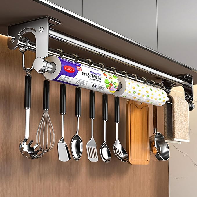 Hanging Wall Mount Knife Wall Mount,Kitchen Utensil Hanger,Space-Saving Kitchen Utensil Rack with Hooks,Kitchen Storage Shelf for Utensils Spatula Spoon, Easy to Clean (Grey, 50CM+10Hook)