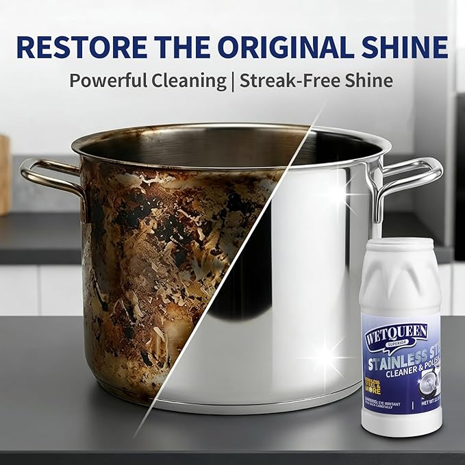 WETQUEEN Stainless Steel Cleaner and Polish Kit - Heavy Duty Cookware Cleanser Powder with 3 Pads - Removes Burnt Stains, Rust, Water Spots & Grease from Pots, Pans, Sinks & Appliances (12.35 oz)
