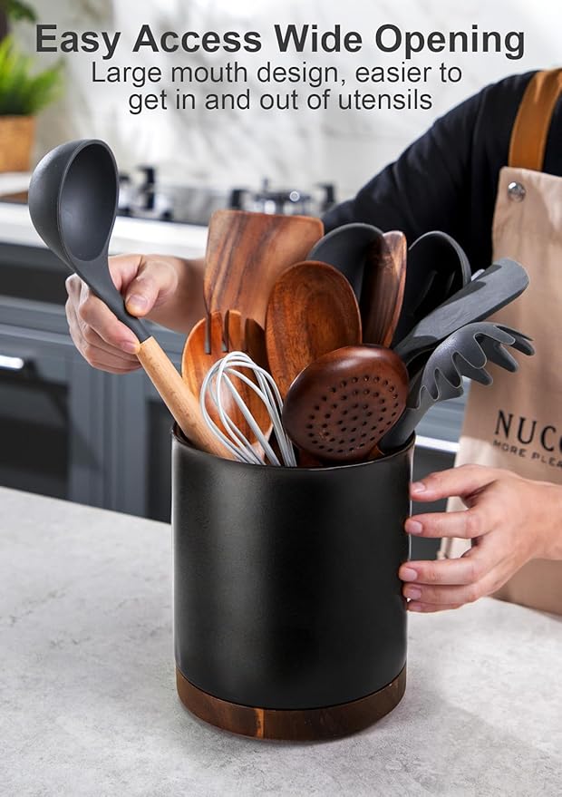 Nucookery 360°Rotating Utensil Holder, 7.2" Large Utensil Crock, White Ceramic Cooking Utensil Organizer,Farmhouse Kitchen Decor Christmas Thanksgiving Gift (Stone Black)