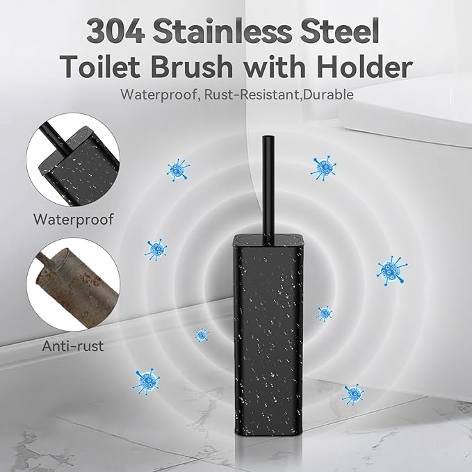 DOWRY Toilet Bowl Brush and Holder for Bathroom, Deep Cleaning Toilet Brush and Holder Set with Long Handle, Hidden Toilet Bowl Brush with Replaceable Head,Modern Decor Black Square