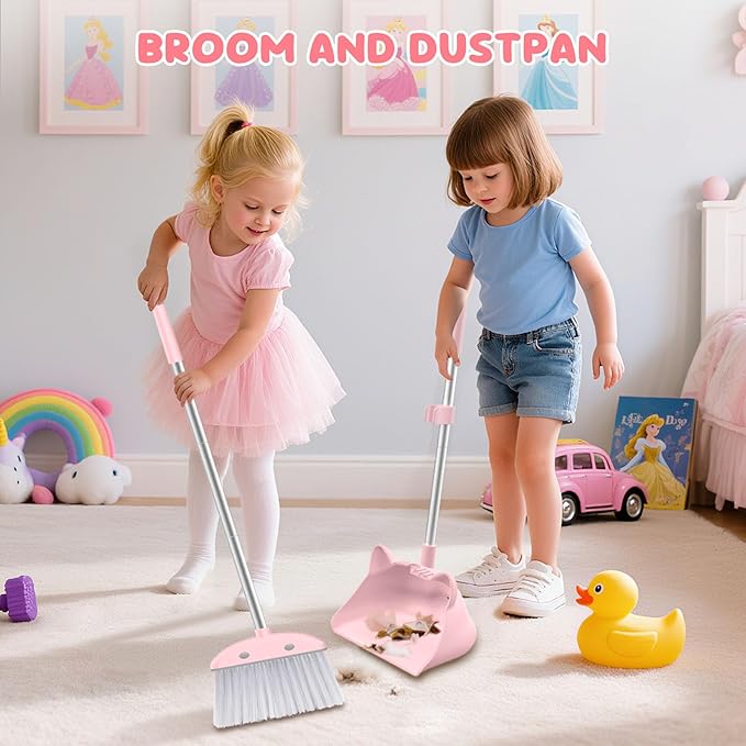 Mini Broom with Dustpan for Kids, 28-in Handle Kids Broom and Dustpan Set for Toddlers Cat-Shaped Children Broom and Cleaning Set Boys Girls Small Housekeeping Helper Set, Pink