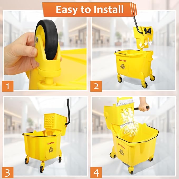 38 Qt Commercial Mop Bucket with Side Press Wringer on Wheels and Mops Set for Floor Cleaning,Including 1 Industrial Mop and Wet Floor Caution Sign,Yellow,Beyoco