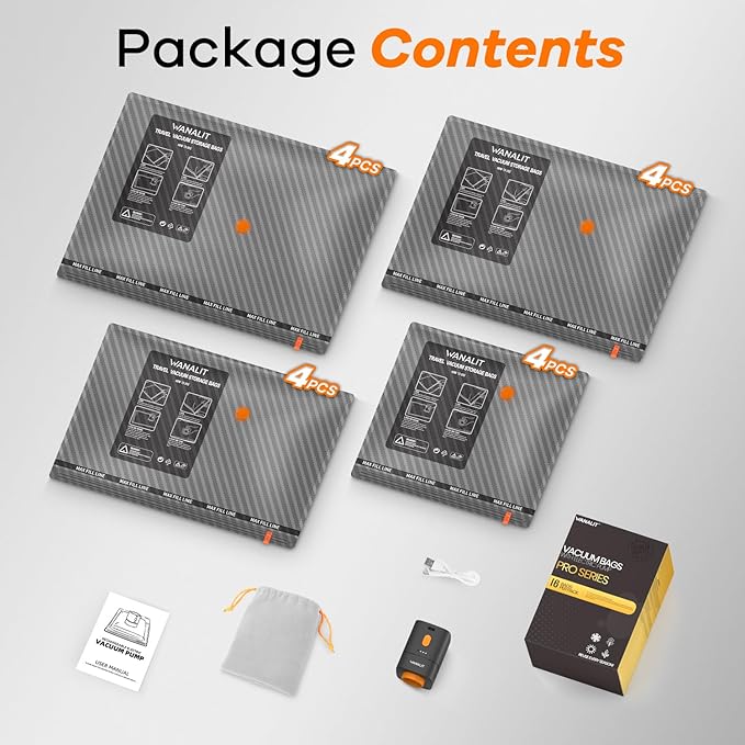 Vacuum Storage Bags for Travel with Wireless Rechargeable Electric Pump, 16 Pack Travel Essentials Vacuum Seal Bags for Clothing, Space Saver Compression Packing Bags for Luggage, Suitcase, Home