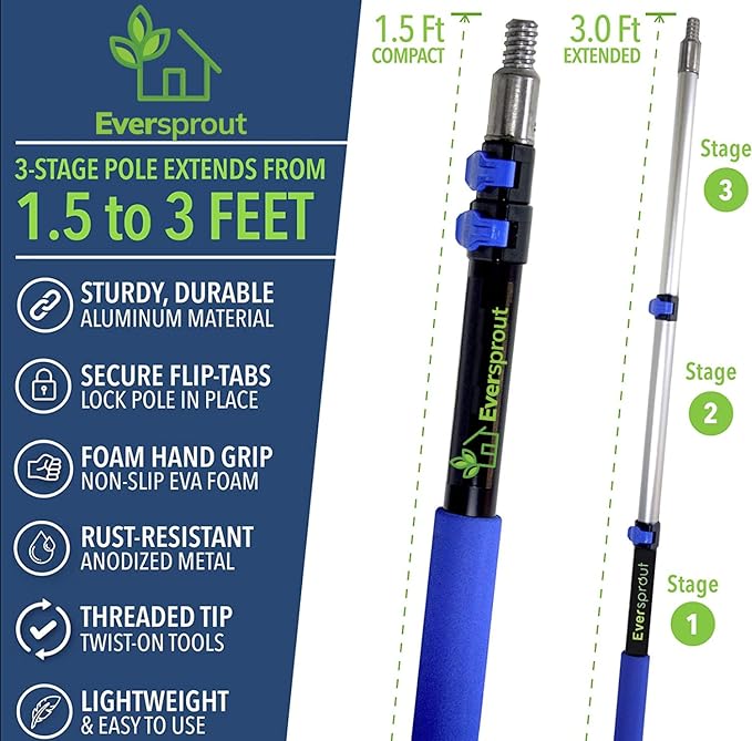 EVERSPROUT 1.5-to-3 Foot Cobweb Duster and Extension-Pole Combo (8-10 Ft Standing Reach, Soft Bristles) | Hand Packaged | Lightweight, 3-Stage Aluminum Pole | Indoor & Outdoor Use Brush Attachment