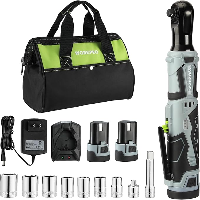 WORKPRO 12V Cordless Electric Ratchet Wrench, 3/8" 40 Ft-lbs Power Ratchet Wrench Kit with 9-Piece Socket Accessory Set, 2-Pack 2.0Ah Lithium-Ion Batteries