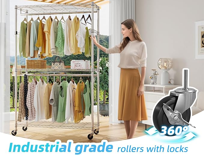 Simple Trending Clothing Garment Rack with 3 Tiers Storage Shelves, Heavy Duty Rolling Clothes Organizer Double Rods with Wheels for Hanging Clothes, Chrome