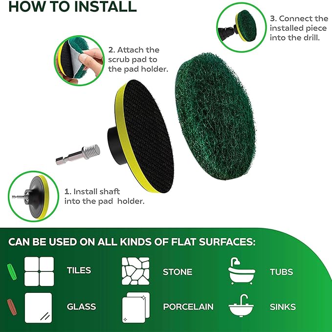 4 Inch Drill Powered Brush Tile Scrubber Scouring Pads,6 Scrubbing Pads with 4 Inch Pad Holder,1Quick Change Hex Shaft for Kitchen Bathroom Grout Tub Grill Cleans Large Flat Areas