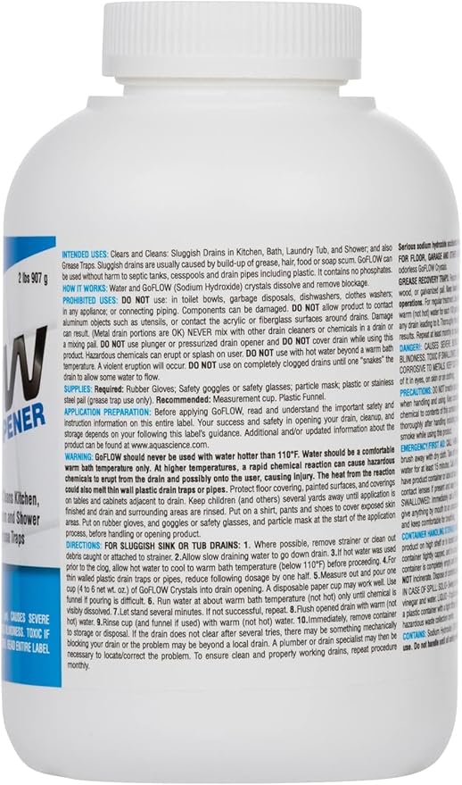 GoFlow Drain Cleaner Granules - 2 Pound Tub | Odorless Non-Acid Lye Crystal Cleaners That Work - Best Stinky Pipe Opener | Battle-Tested Drain Clear Granules - Made In USA