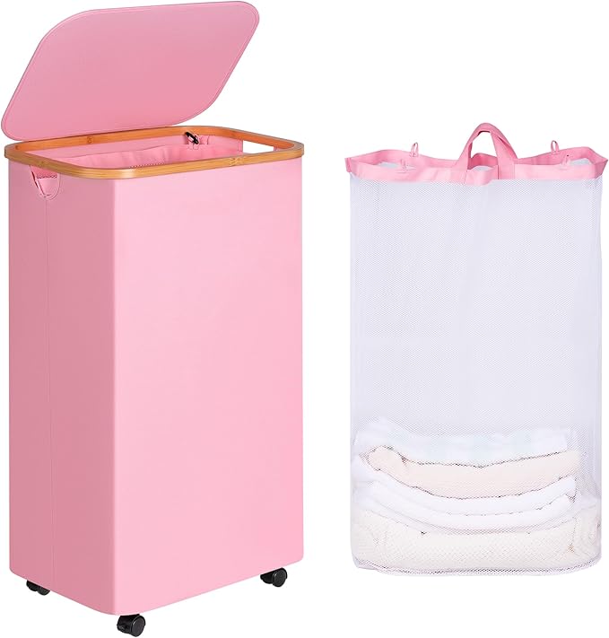 iEGrow Laundry Basket with Wheels, 110L Clothes Hamper for Laundry, Laundry Hamper with Bamboo Lid and Inner Bag, for Laundry Room, Bedroom, Dormitory Storage,Pink