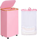 iEGrow Laundry Basket with Wheels, 110L Clothes Hamper for Laundry, Laundry Hamper with Bamboo Lid and Inner Bag, for Laundry Room, Bedroom, Dormitory Storage,Pink