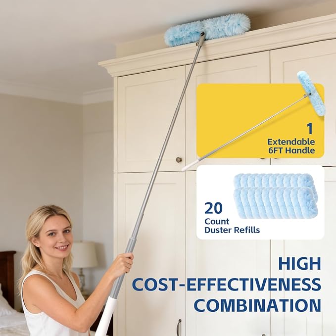 6 ft Duster Extended Handle with 20 Pcs Duster Refill for Swiffer, Duster with Extension Pole, Heavy Duty Duster Refills Kit for Ceiling Fan Blades, Cleaning, Furniture, Blind, Hard-to-Reach Areas