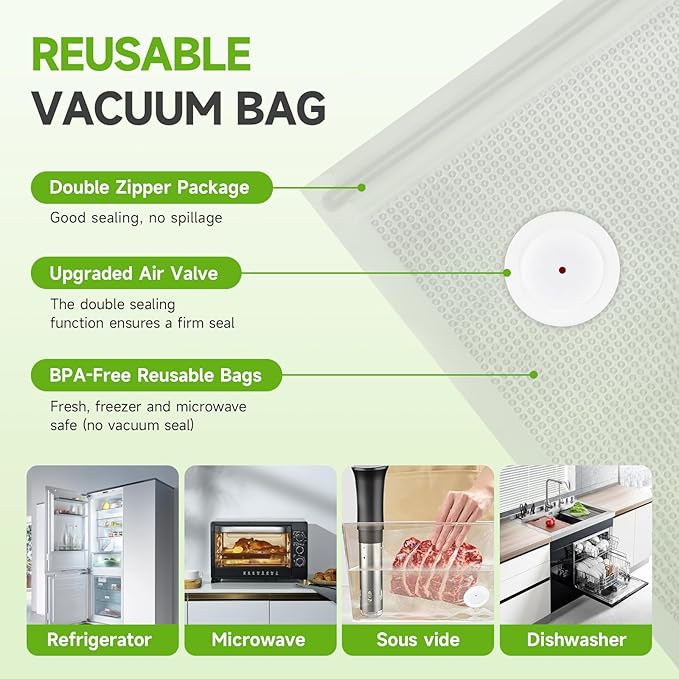Vixino Vacuum Sealer Bags, 40 Reusable Vacuum Sealer Bags for Food Storage, BPA-Free, Meal Prep and Sous Vide Cooking,Works for Handheld Sealer and Vac Sealer Machine with External Vacuum Systems