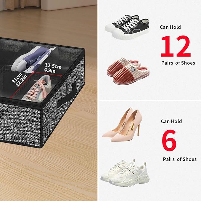 Onlyeasy Under Bed Shoe Storage Organizer with Sturdy Handles and Clear Window 1 Pack Fits 12 Pairs, Premium Foldable Underbed Shoes Container Box for Closet, Linen-like Black, MXAUBSB1P
