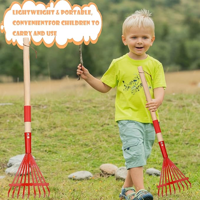 Small Leaf Rake-Wooden Handle Leaf Rake for Little Helper Courtyard/Garden Leaves Cleaning for Kids (Red)
