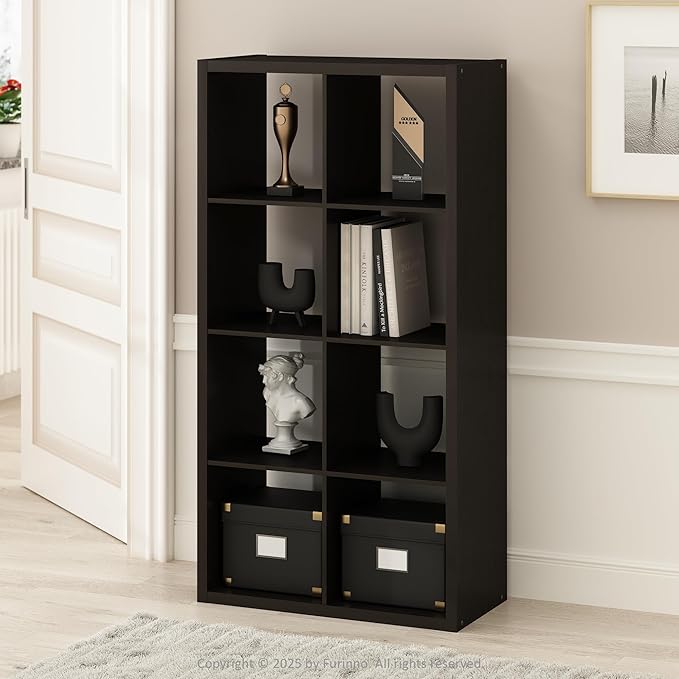 Furinno Simple Cube Storage Organizer, 8-Cube Display Shelf, Open Back Shelving Unit, Storage Shelves, Extra Thick Frame, for Organization and Storage, Living Room, Home Office, Dark Oak