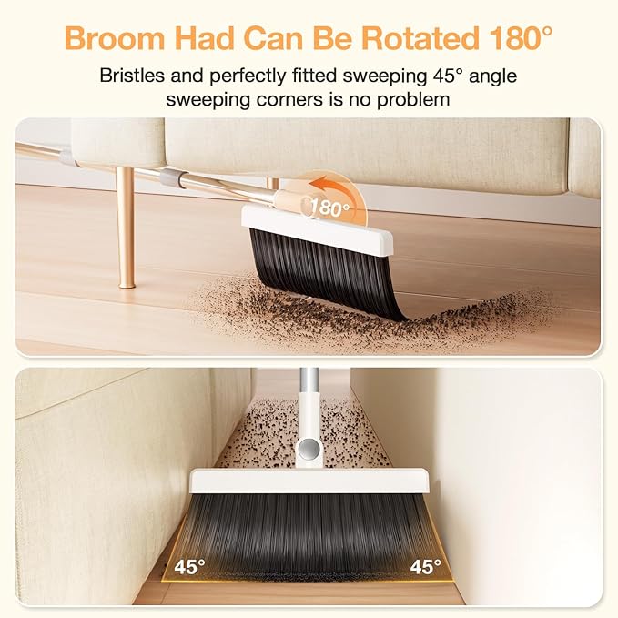 Broom with Dustpan Combo Set,UOEOS One-Sweep Clean,Pet Hair Removal Broom with Self-Cleaning Double-Layer Teeth,High Density Broom and Windproof Dustpan for Indoor&Outdoor