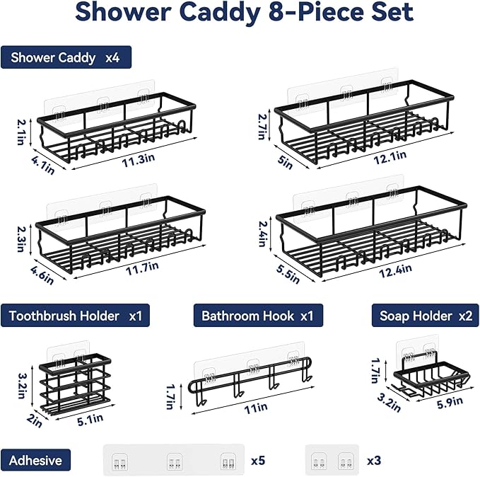 8 Pack Adhesive Rustproof Shower Caddy with Soap Dishes, Toothbrush Holder & Hooks, Large Capacity No-Drilling Shower Shelves Rack for Bathroom Organizers and Storage Accessories, Black