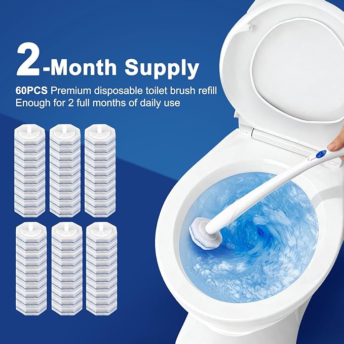 60pcs Toilet Cleaner Refill Pads for Clorox Wand, Upgrade 3-Layer Toilet Scrubber Refills, Won't Fall Apart, Powerful Foam, Safe On Porcelain, Bathroom Cleaning Essentials
