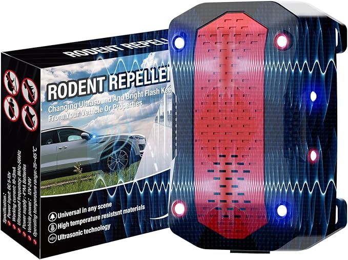 Ultrasonic Rodent Repellent, Plug-in Mouse Rat Pest Bat Squirrels Skunks Repellent for Car with Battery Powered Under Hood, Keep Mice Out of Cars Engines, Indoor, Outdoor, Garage, Room