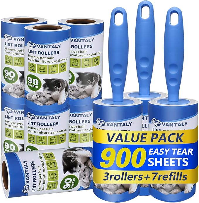 Extra Sticky Lint Roller Mega Value Set 900 Sheets for Pet Hair Removal and Clothes, Dog and Cat Lint Remover, 10 Pack