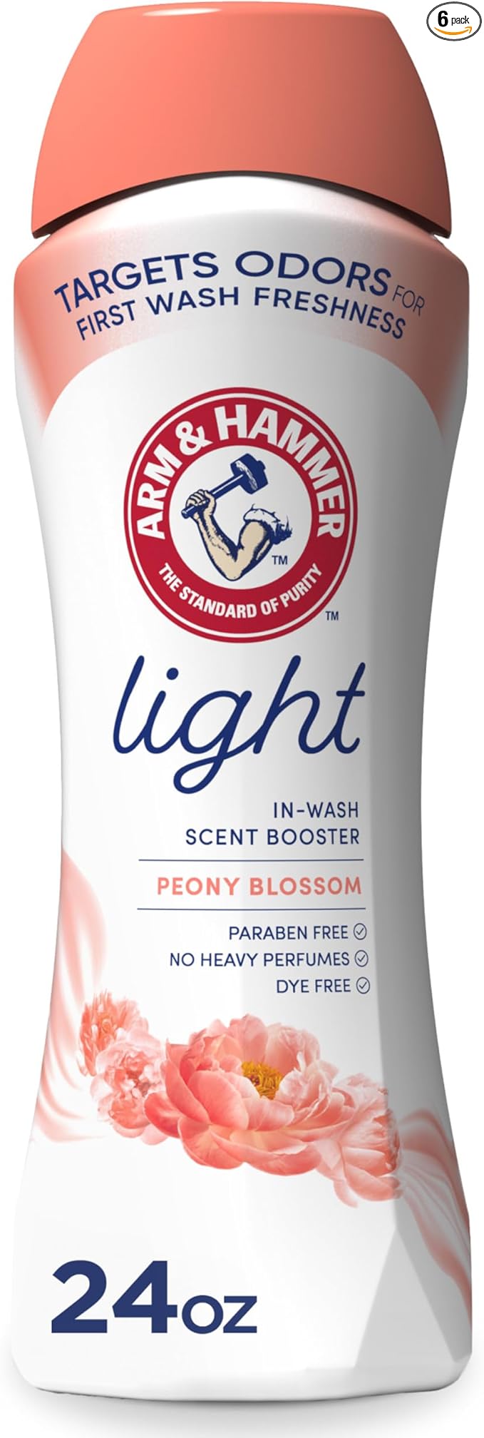 ARM & HAMMER Light In-Wash Scent Booster,No Heavy Perfumes,No Dyes,No-Parabens,Peony Blossom Scent,24 Oz,(Pack of 6)
