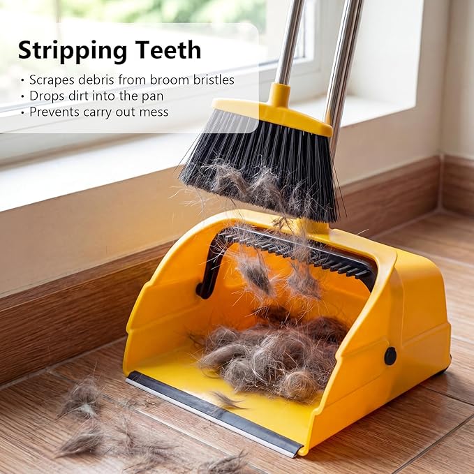 Jumbo Commercial Dustpan with Wheels & Comb Teeth - Heavy Duty Rolling Debris Pan - Long Handle Extra Large Upright Dust Pan for Industrial Warehouse Garage Restaurant Sidewalk Outdoor - Yellow