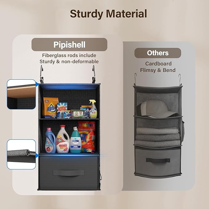 Pipishell 6-Shelf Hanging Closet Organizer with 2 Separable 3-Tier Shelves, 3 Drawers & Side Pockets Closet Organizers and Storage for Wardrobe Organization and Nursery Clothes Organizer, Black