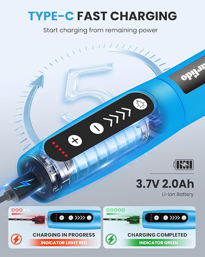 Cordless Rotary Tool Kit, 3.7V 2.0Ah Rechargeable Battery, 18000RPM 5-Speed Multi Power Carving Tools, 31Pcs Accessories, Engraving, Sanding, Grinding, Polishing, Carving, Etching, DIY-Blue ﻿