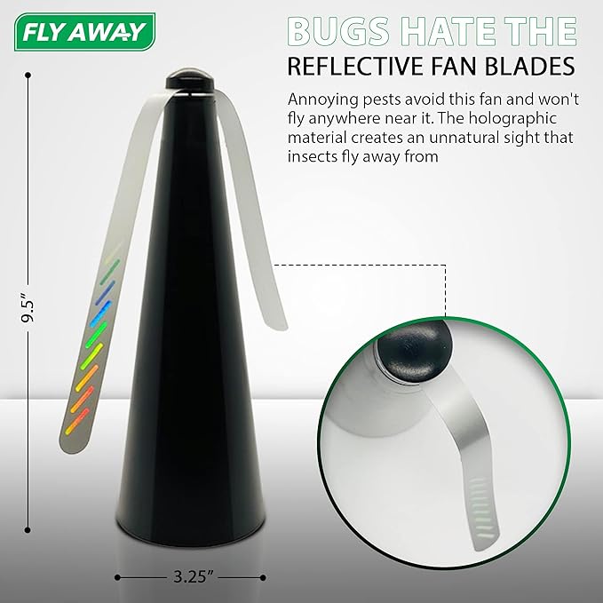 Fly Away - 4 Pack Outdoor Fly Repellent Fan, Outside or Inside Table use, Restaurant, Barbeque, Events, Deter Flies, Wasps, Bees, Other Moscas and Bugs Away, Battery Operated, Tabletop, Hanging Hook.