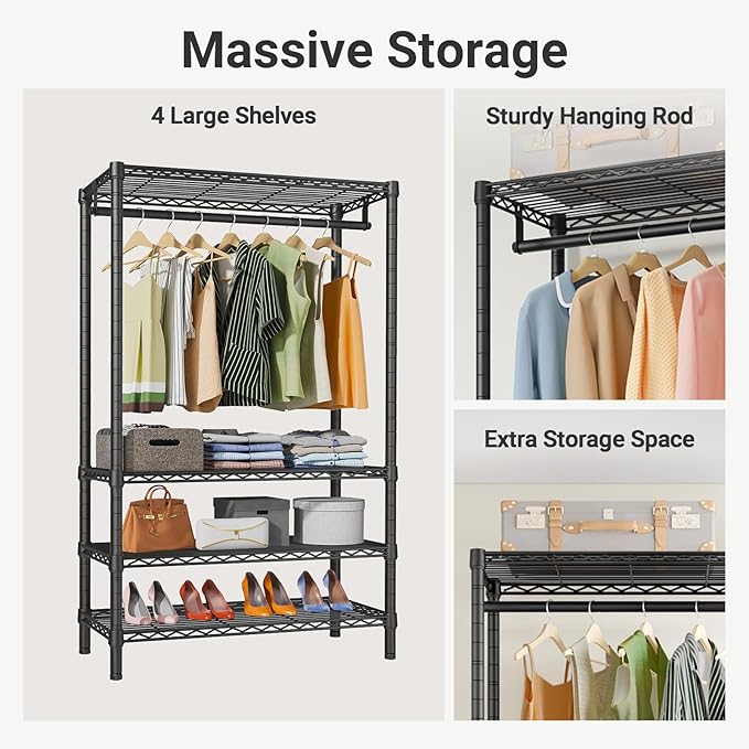 VIPEK V1 Wire Garment Rack 4 Tiers Heavy Duty Clothes Racks for Hanging Clothes Large Clothing Rack Freestanding Closet with Hanging Rod, 35.4'' L X 15.7'' W X 70.9'' H, Max Load 500LBS, Black