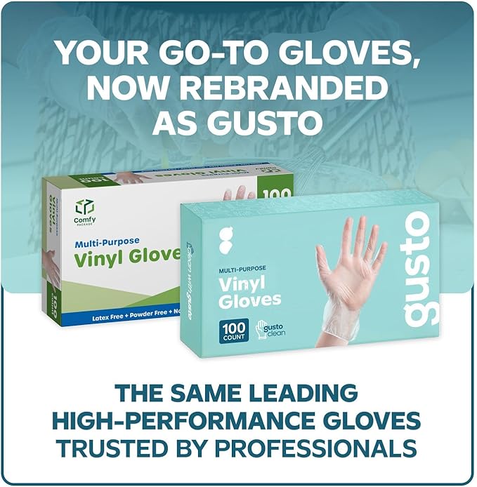 GUSTO Disposable Vinyl Gloves – Clear, Latex-Free, Powder-Free, BPA-Free – Safe for Food Handling, Cooking & Cleaning