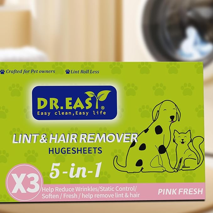 Dr.Easy LINT & HAIR REMOVER Pet HUGESHEETS with 3X Dryer Sheets, PINK FRESH, 200 Count,PLANT&MINERAL-BASED FORMULA