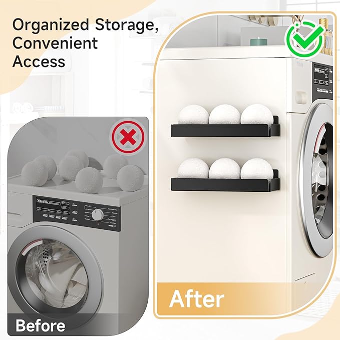 2PCS Dryer Ball Holder Wall Mounted, Dryer Balls Container Shelves for Laundry Room, Metal Self Adhesive Dryer Balls Dispenser for Laundry Accessories Organization and Storage, Black