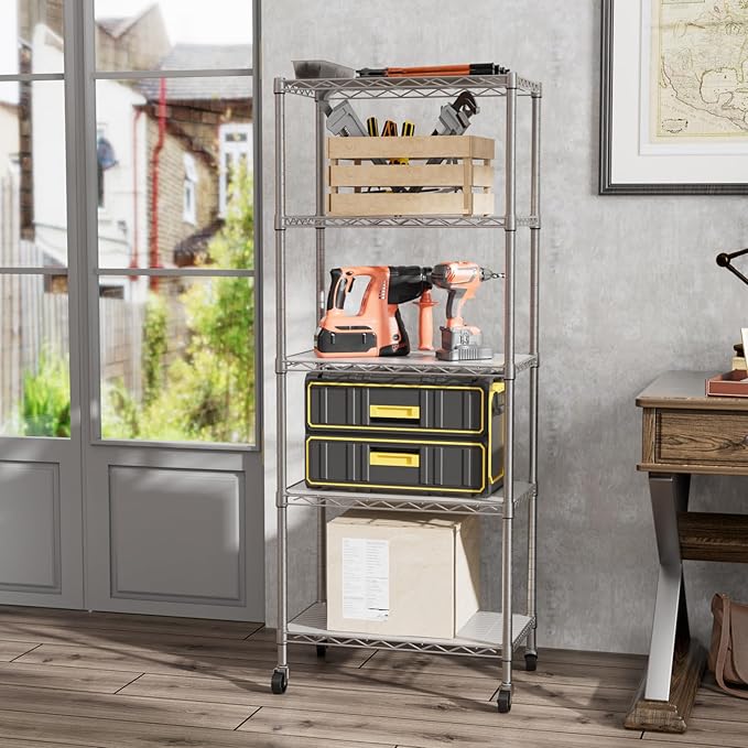 SINGAYE 5 Shelf Storage Wire Shelves Closet Bathroom Organizers Metal Pantry Kitchen Garage Shelving Unit Laundry Room Organization Home Narrow Rack Net Basket with Wheels Silver