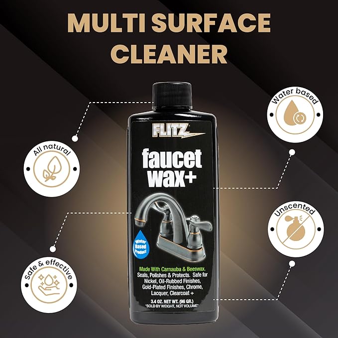 Flitz Faucet Wax Plus - 3.4oz Bottle of USA-Made, Water-Based Faucet Cleaner & Polisher for Water Stains, Fingerprints, & More - Metal Wax for Bronze, Nickel, Chrome, Brass - Granite Polish (1 Pack)