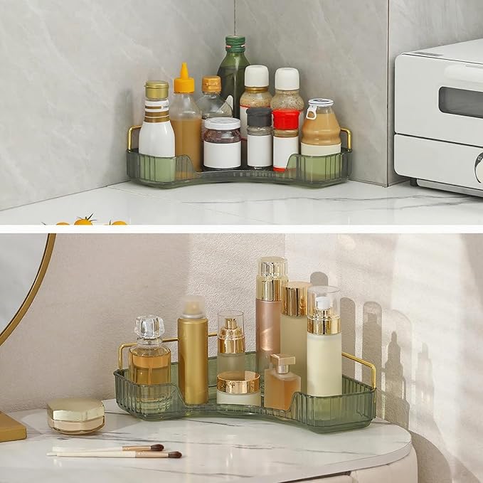 INVSSENE Corner Bathroom Countertop Organizer, Vanity Organizer Trays for Counter, Makeup Organizers, Perfume Tray, Skincare Shelf Storage Gifts for Women Girl Student (Green, 1 Tier)
