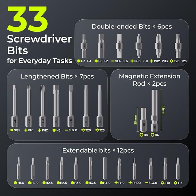 ELEGOO 33-in-1 Electric Screwdriver Set with LED and 33 Magnetic Bits, Type-C Rechargeable 1500mAh Battery, Precision Power Tool Kit for 3D Printer Maintenance, Small Electronics Repairs, Engineers