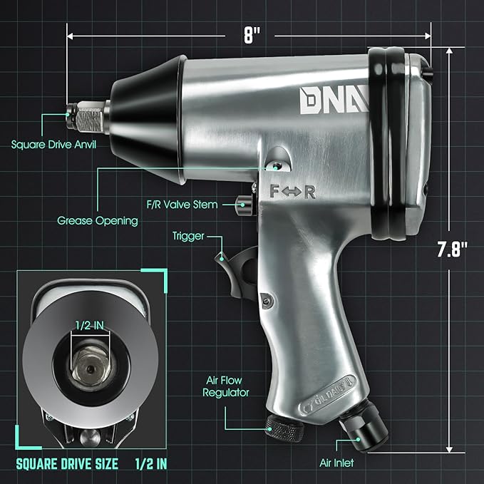 DNA MOTORING 17 Pcs Air Tool Kit 1/2-Inch Pneumatic Air Impact & Ratchet Wrench Kit Torque Wrench for Repairs, w/Case, Sliver/Black, TOOLS-00530