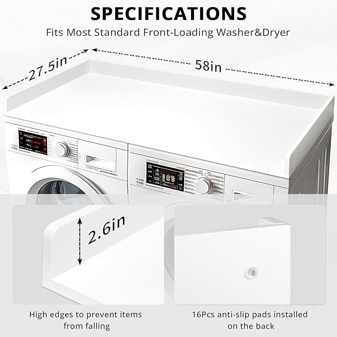 Gashell Washer Dryer Countertop, 27.5" x 58" Bamboo Washer and Dryer Countertop for Laundry Room Organization(White)