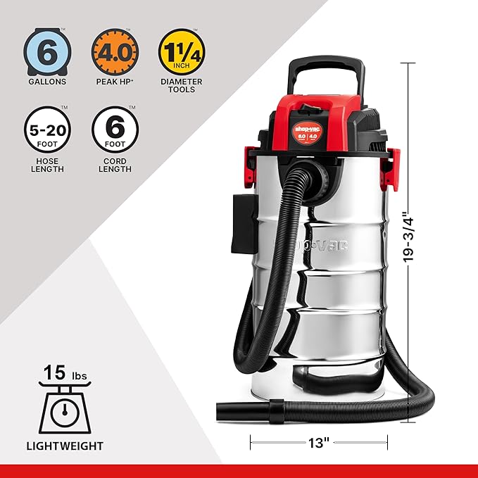 Shop-Vac 6 Gallon 4.0 Peak HP Wet/Dry Vacuum, Wall Mountable Compact Shop Vacuum with 20 ft Extra Long Hose & Accessories - Ideal for Jobsite, Garages, Car & Workshops