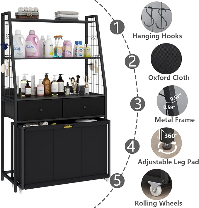 STIKELY Laundry Hamper Laundry Basket with 3 Section Pull-Out Rolling Bags & 2-Tier Storage Shelf, Laundry Sorter for Organization and Storage with 2 Drawers for Laundry Room, Bathroom